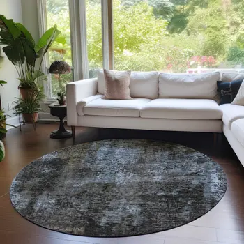 8' Graphite Charcoal And Silver Round Abstract Washable Indoor Outdoor Area Rug