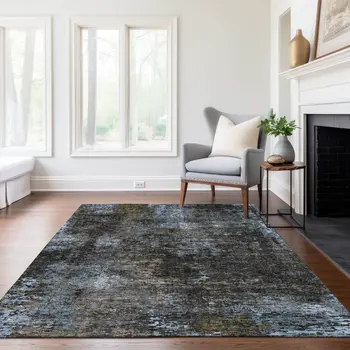 8' X 10' Graphite Charcoal And Silver Abstract Washable Indoor Outdoor Area Rug