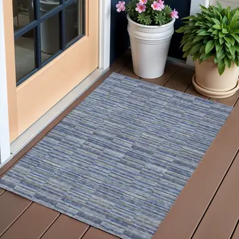 3' X 5' Navy Blue And Denim Blue Striped Washable Indoor Outdoor Area Rug