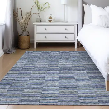 5' X 8' Navy Blue And Denim Blue Striped Washable Indoor Outdoor Area Rug