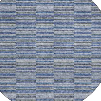 8' Navy Blue And Denim Blue Round Striped Washable Indoor Outdoor Area Rug