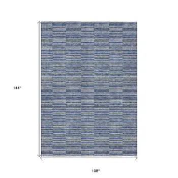 9' X 12' Navy Blue And Denim Blue Striped Washable Indoor Outdoor Area Rug
