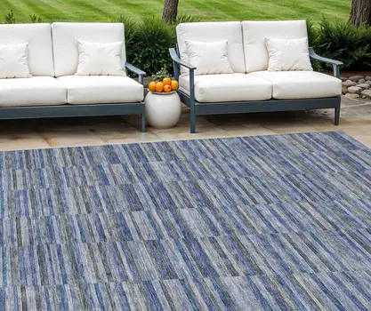 9' X 12' Navy Blue And Denim Blue Striped Washable Indoor Outdoor Area Rug