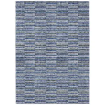 9' X 12' Navy Blue And Denim Blue Striped Washable Indoor Outdoor Area Rug