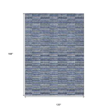 10' X 14' Navy Blue And Denim Blue Striped Washable Indoor Outdoor Area Rug