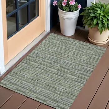 3' X 5' Olive Green And Gray Striped Washable Indoor Outdoor Area Rug