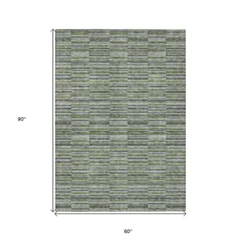 5' X 8' Olive Green And Gray Striped Washable Indoor Outdoor Area Rug