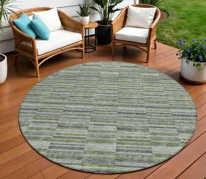 8' Olive Green And Gray Round Striped Washable Indoor Outdoor Area Rug