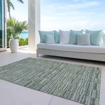 8' X 10' Olive Green And Gray Striped Washable Indoor Outdoor Area Rug