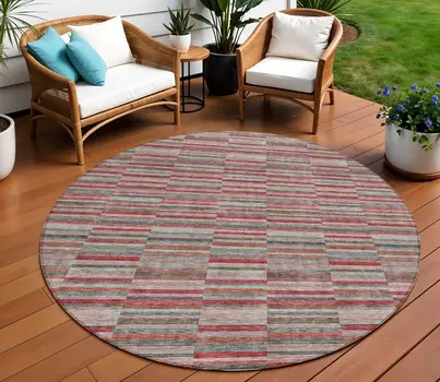 8' Red Beige And Copper Round Striped Washable Indoor Outdoor Area Rug