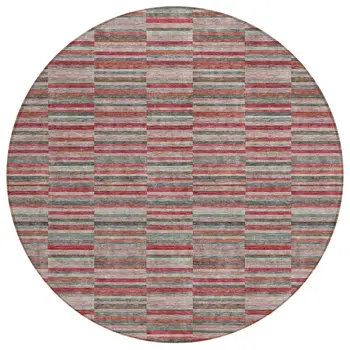 8' Red Beige And Copper Round Striped Washable Indoor Outdoor Area Rug