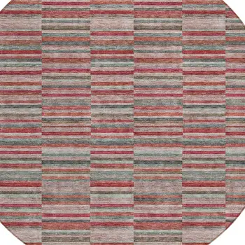 8' Red Beige And Copper Round Striped Washable Indoor Outdoor Area Rug