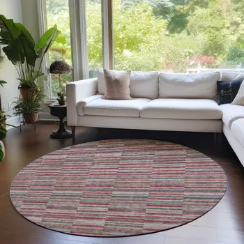 8' Red Beige And Copper Round Striped Washable Indoor Outdoor Area Rug