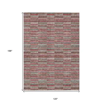 10' X 14' Red Beige And Copper Striped Washable Indoor Outdoor Area Rug