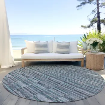 8' Teal Blue Aqua And Gray Round Striped Washable Indoor Outdoor Area Rug