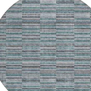 8' Teal Blue Aqua And Gray Round Striped Washable Indoor Outdoor Area Rug