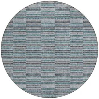 8' Teal Blue Aqua And Gray Round Striped Washable Indoor Outdoor Area Rug