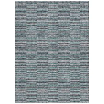 8' X 10' Teal Blue Aqua And Gray Striped Washable Indoor Outdoor Area Rug