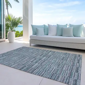 8' X 10' Teal Blue Aqua And Gray Striped Washable Indoor Outdoor Area Rug