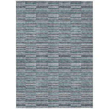 8' X 10' Teal Blue Aqua And Gray Striped Washable Indoor Outdoor Area Rug