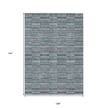 9' X 12' Teal Blue Aqua And Gray Striped Washable Indoor Outdoor Area Rug