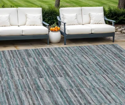 10' X 14' Teal Blue Aqua And Gray Striped Washable Indoor Outdoor Area Rug