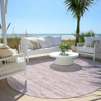 8' Blush Pink And Beige Round Striped Washable Indoor Outdoor Area Rug