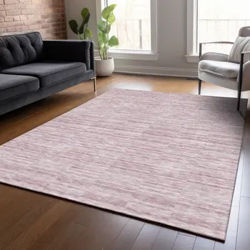 9' X 12' Blush Pink And Beige Striped Washable Indoor Outdoor Area Rug