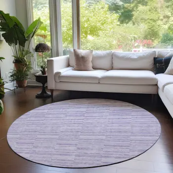 8' Plum And Purple Round Striped Washable Indoor Outdoor Area Rug