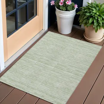 3' X 5' Sage And Green Striped Washable Indoor Outdoor Area Rug