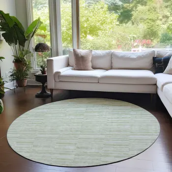 8' Sage And Green Round Striped Washable Indoor Outdoor Area Rug