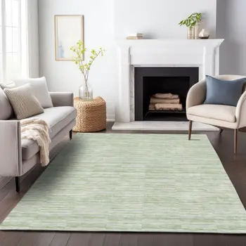 9' X 12' Sage And Green Striped Washable Indoor Outdoor Area Rug