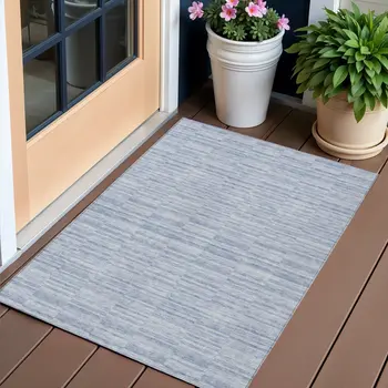 3' X 5' Sky Blue And Denim Blue Striped Washable Indoor Outdoor Area Rug
