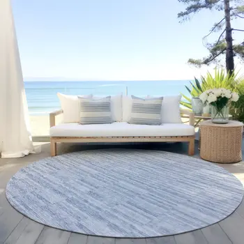 8' Sky Blue And Denim Blue Round Striped Washable Indoor Outdoor Area Rug