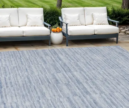 10' X 14' Sky Blue And Denim Blue Striped Washable Indoor Outdoor Area Rug