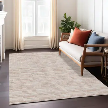 3' X 5' Salmon Copper And Beige Striped Washable Indoor Outdoor Area Rug