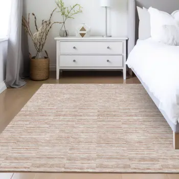 8' X 10' Salmon Copper And Beige Striped Washable Indoor Outdoor Area Rug