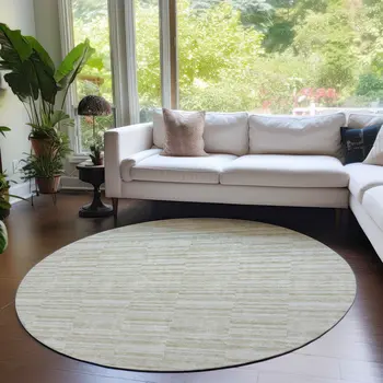 8' Taupe Beige And Tan Round Striped Washable Indoor Outdoor Area Rug