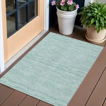 3' X 5' Turquoise Teal Blue And Gray Striped Washable Indoor Outdoor Area Rug