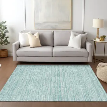 3' X 5' Turquoise Teal Blue And Gray Striped Washable Indoor Outdoor Area Rug