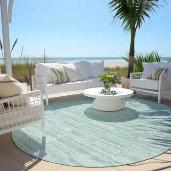 8' Turquoise Teal Blue And Gray Round Striped Washable Indoor Outdoor Area Rug