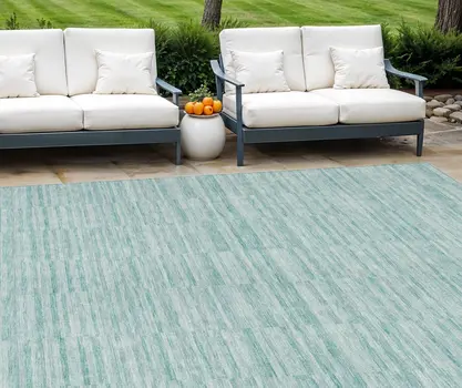 8' X 10' Turquoise Teal Blue And Gray Striped Washable Indoor Outdoor Area Rug