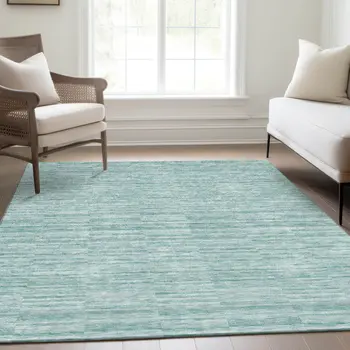 8' X 10' Turquoise Teal Blue And Gray Striped Washable Indoor Outdoor Area Rug