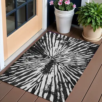 3' X 5' Black Charcoal And Ivory Abstract Washable Indoor Outdoor Area Rug