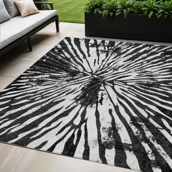 5' X 8' Black Charcoal And Ivory Abstract Washable Indoor Outdoor Area Rug