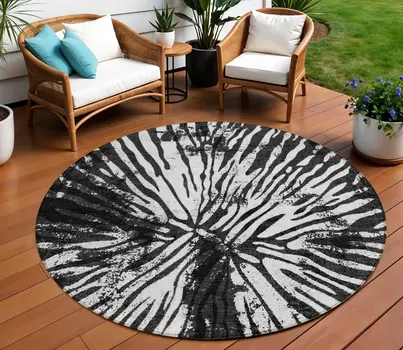 8' Black Charcoal And Ivory Round Abstract Washable Indoor Outdoor Area Rug