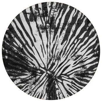 8' Black Charcoal And Ivory Round Abstract Washable Indoor Outdoor Area Rug