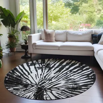 8' Black Charcoal And Ivory Round Abstract Washable Indoor Outdoor Area Rug