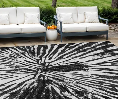8' X 10' Black Charcoal And Ivory Abstract Washable Indoor Outdoor Area Rug