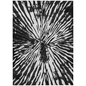 9' X 12' Black Charcoal And Ivory Abstract Washable Indoor Outdoor Area Rug